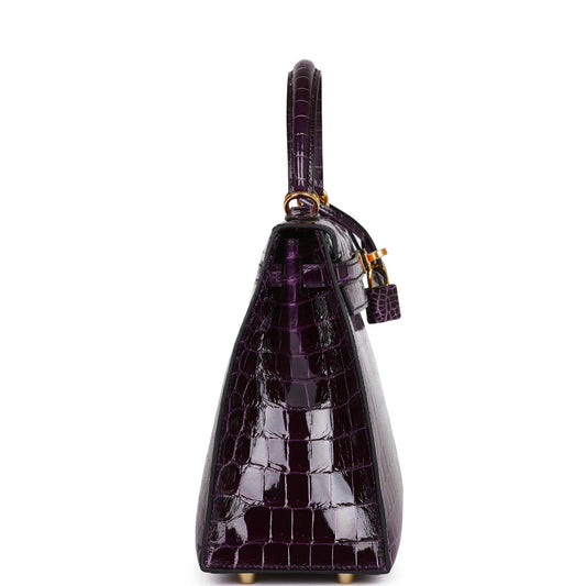 Luxury Hermes Kelly Sellier 25 Aubergine Shiny Niloticus Crocodile Gold Hardware