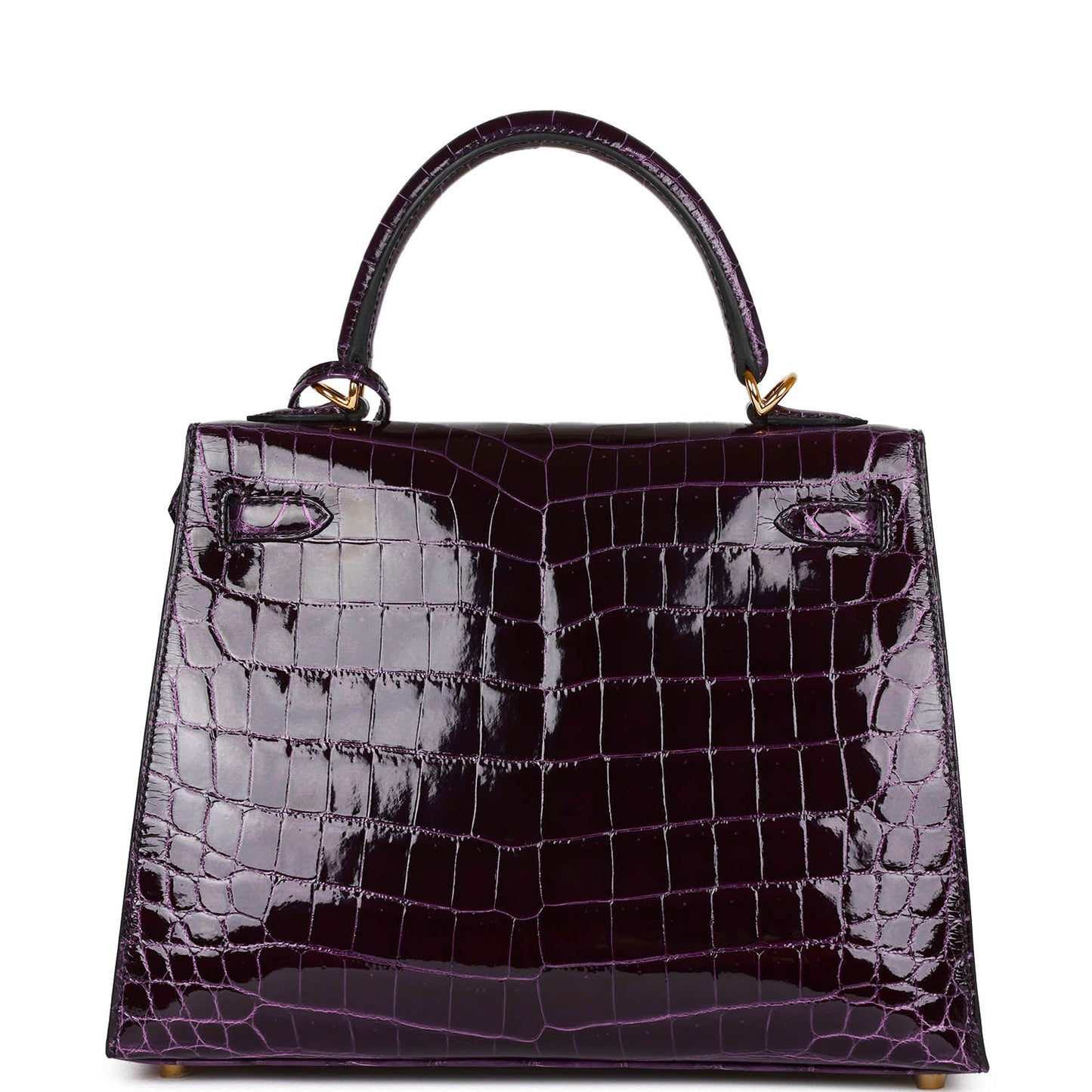 Luxury Hermes Kelly Sellier 25 Aubergine Shiny Niloticus Crocodile Gold Hardware