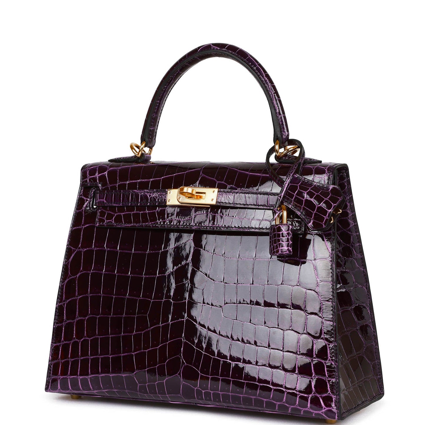 Luxury Hermes Kelly Sellier 25 Aubergine Shiny Niloticus Crocodile Gold Hardware