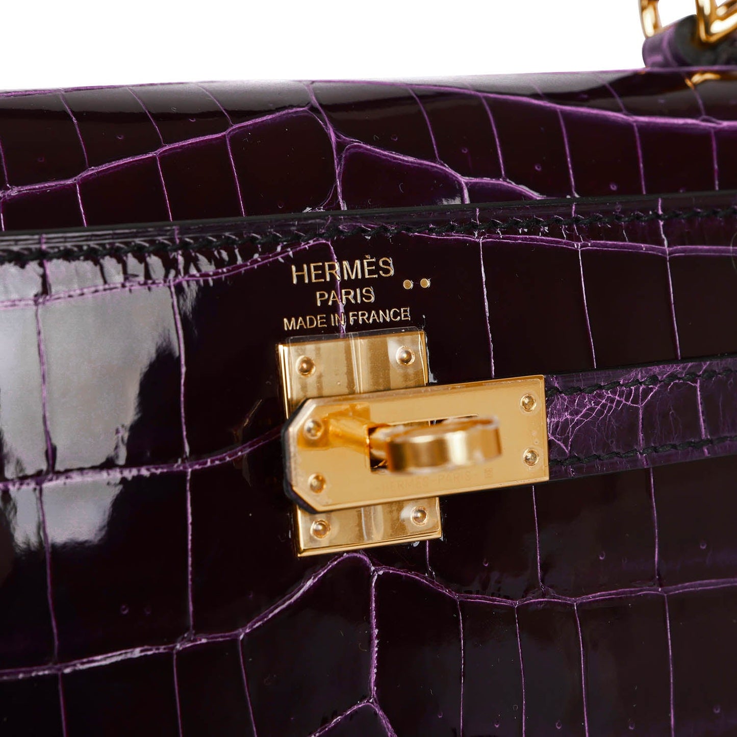 Luxury Hermes Kelly Sellier 25 Aubergine Shiny Niloticus Crocodile Gold Hardware