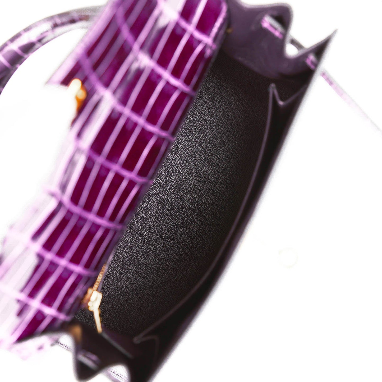 Luxury Hermes Kelly Sellier 25 Aubergine Shiny Niloticus Crocodile Gold Hardware