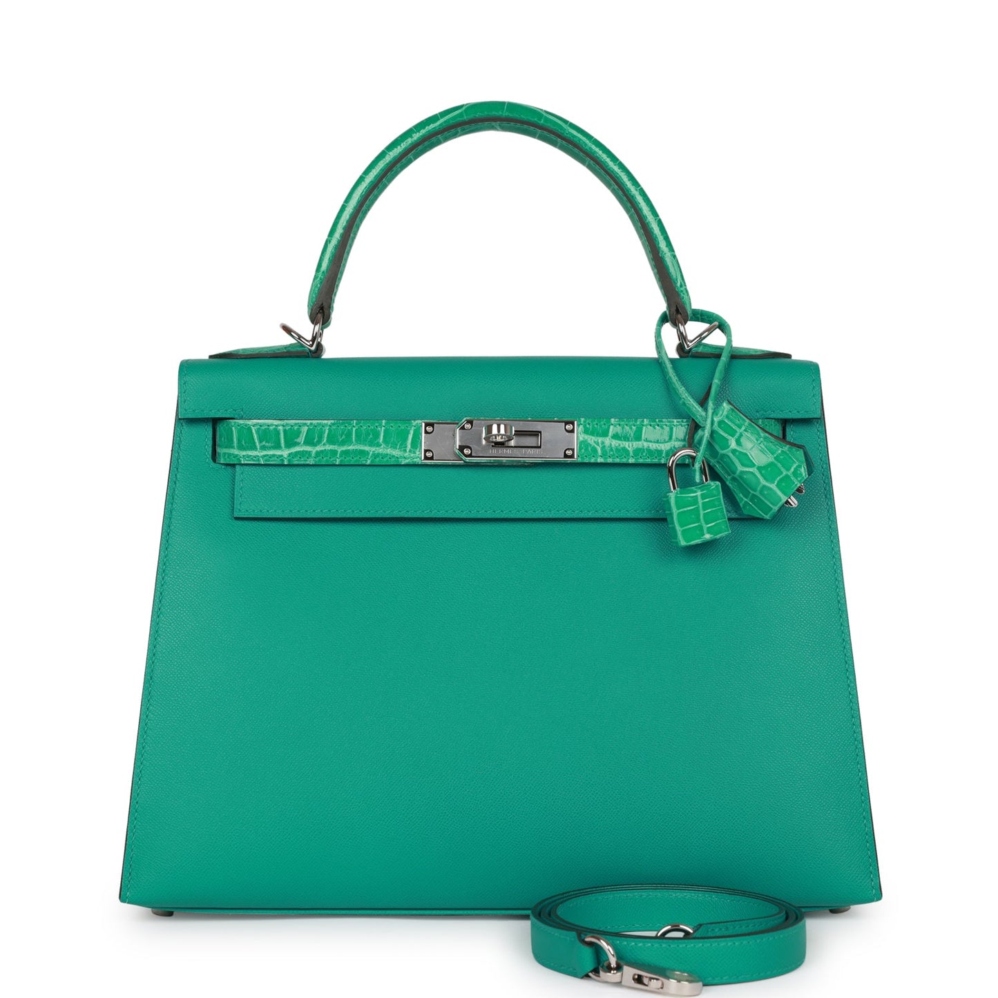 Luxury Hermes Kelly Sellier 28 Vert Verone Madame and Shiny Niloticus Crocodile Touch Palladium Hardware