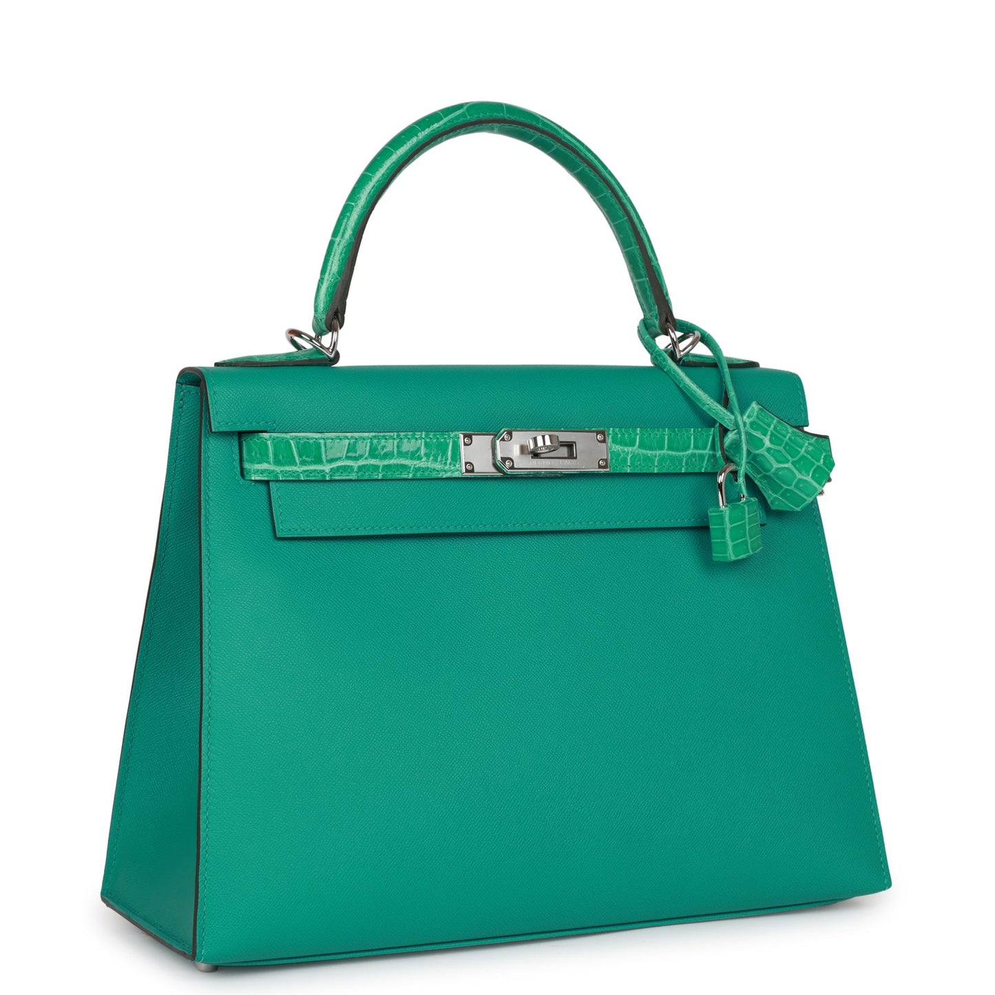Luxury Hermes Kelly Sellier 28 Vert Verone Madame and Shiny Niloticus Crocodile Touch Palladium Hardware