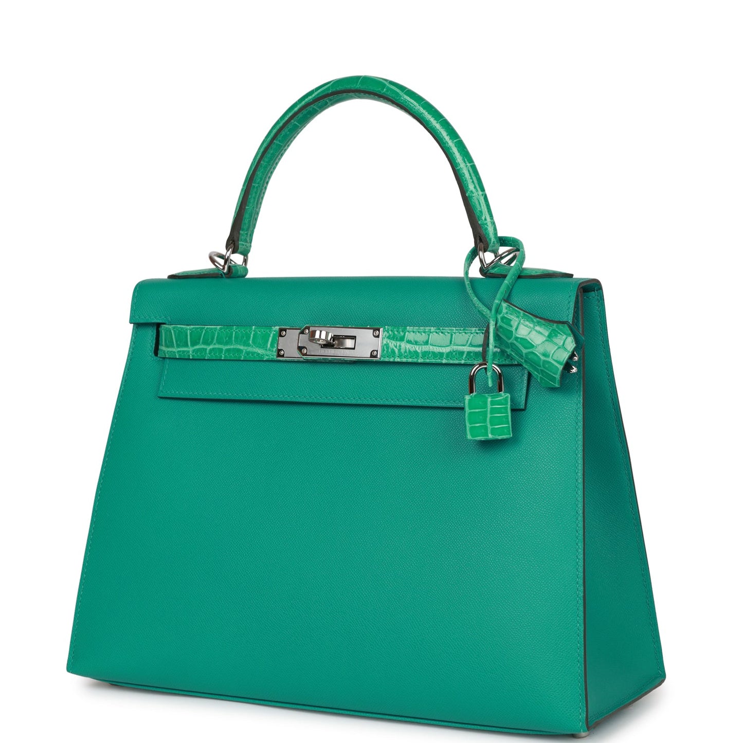 Luxury Hermes Kelly Sellier 28 Vert Verone Madame and Shiny Niloticus Crocodile Touch Palladium Hardware