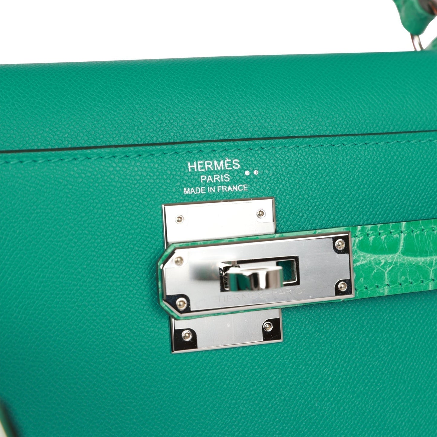 Luxury Hermes Kelly Sellier 28 Vert Verone Madame and Shiny Niloticus Crocodile Touch Palladium Hardware