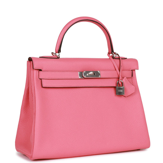 Luxury Hermes Kelly Retourne 32 Rose Azalee Clemence Palladium Hardware
