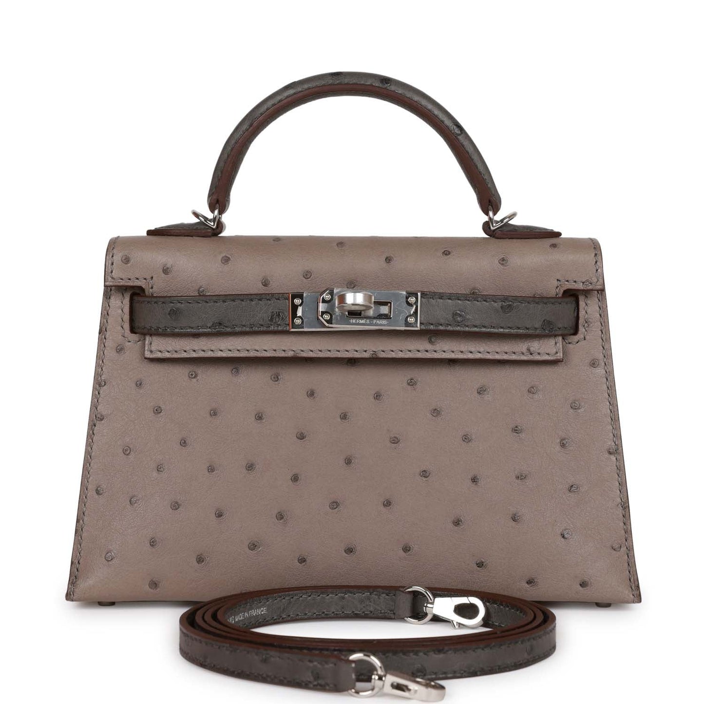 Luxury Hermes Special Order (HSS) Kelly Sellier 20 Gris Tourterelle and Graphite Ostrich Palladium Hardware