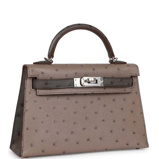 Luxury Hermes Special Order (HSS) Kelly Sellier 20 Gris Tourterelle and Graphite Ostrich Palladium Hardware