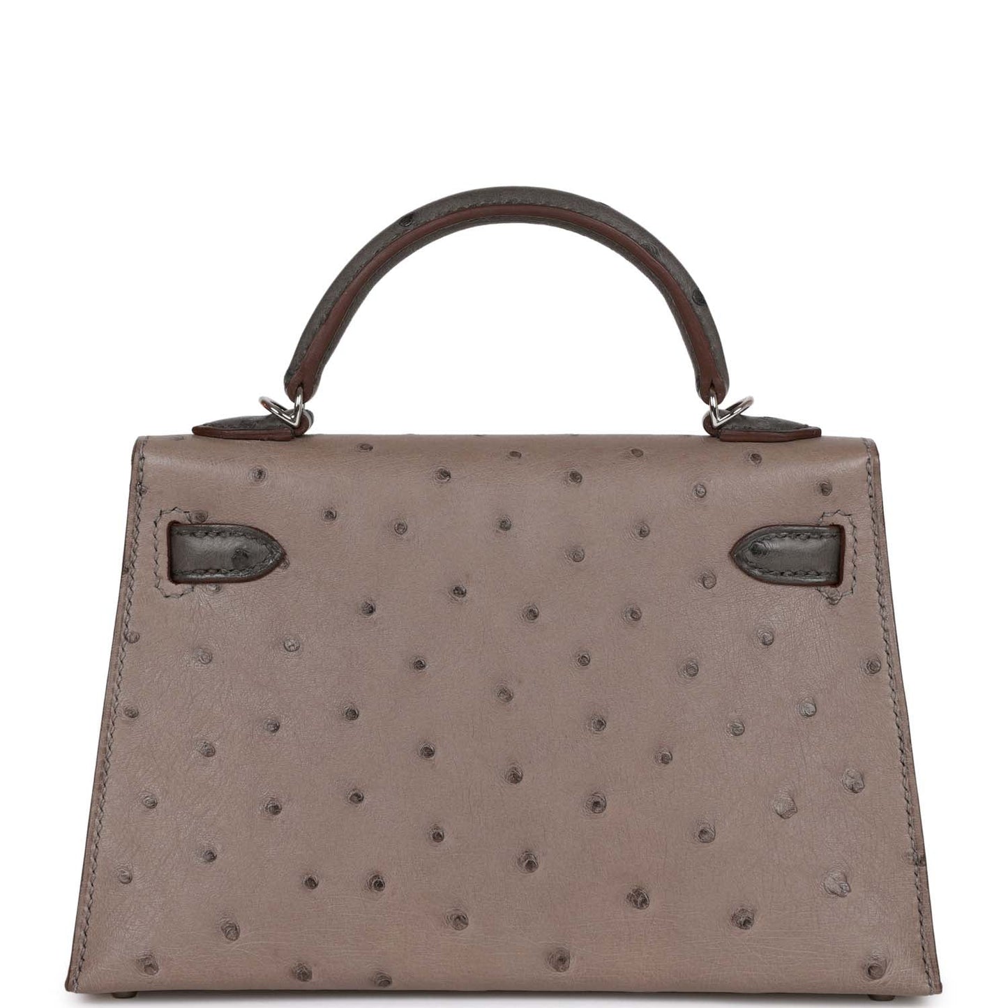 Luxury Hermes Special Order (HSS) Kelly Sellier 20 Gris Tourterelle and Graphite Ostrich Palladium Hardware