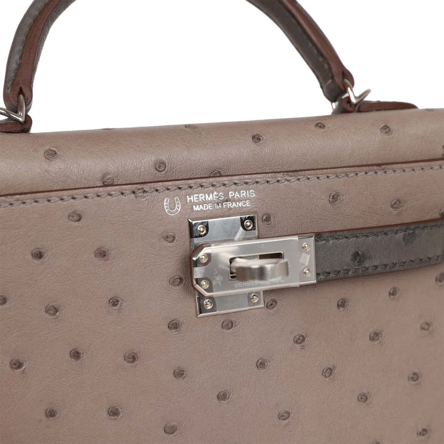 Luxury Hermes Special Order (HSS) Kelly Sellier 20 Gris Tourterelle and Graphite Ostrich Palladium Hardware