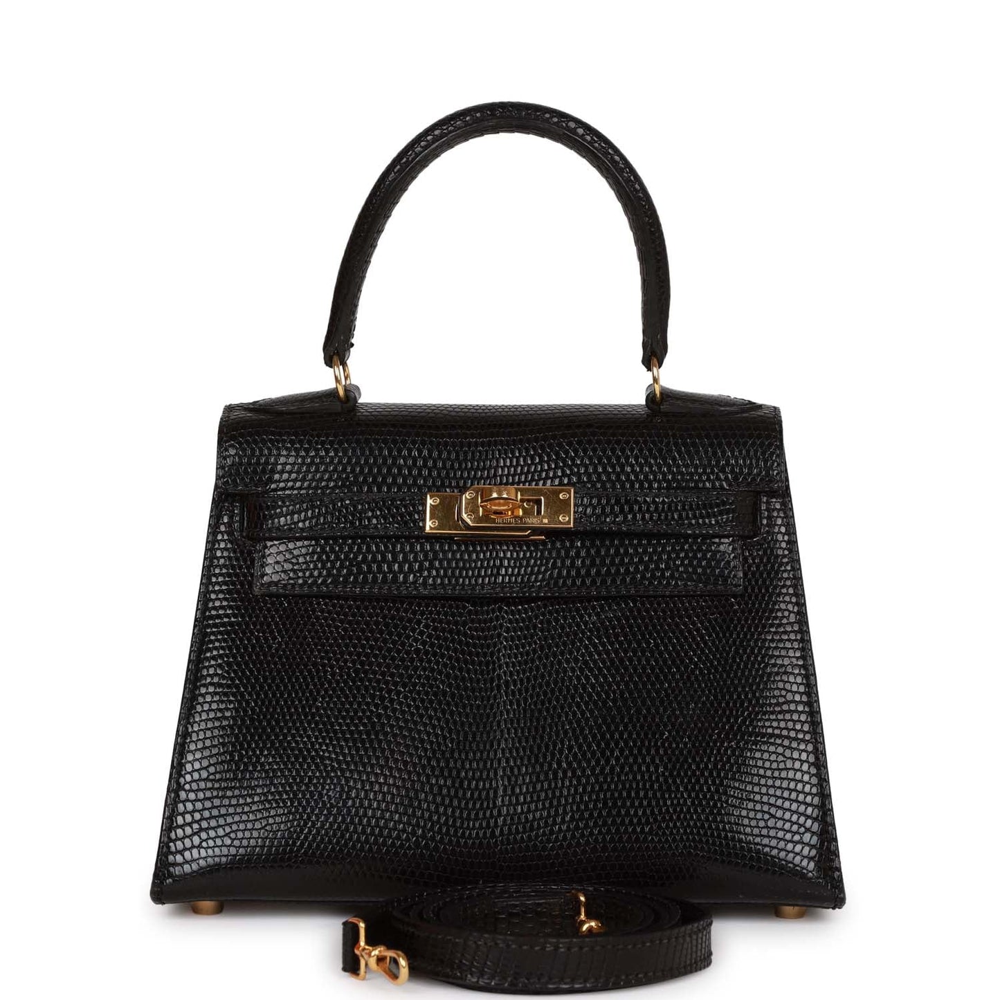 Vintage Luxury Hermes Kelly Sellier 20 Black Lizard Gold Hardware