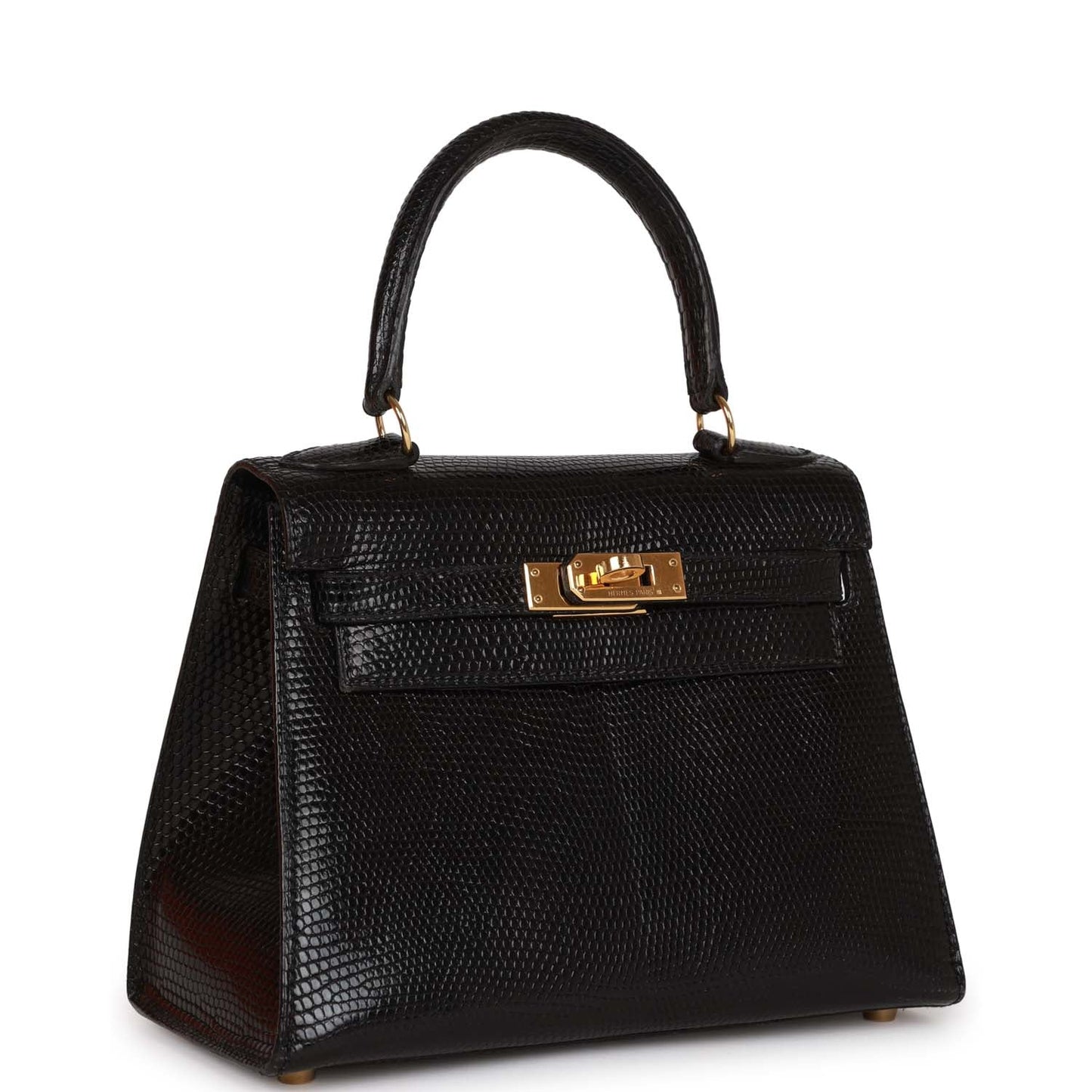 Vintage Luxury Hermes Kelly Sellier 20 Black Lizard Gold Hardware