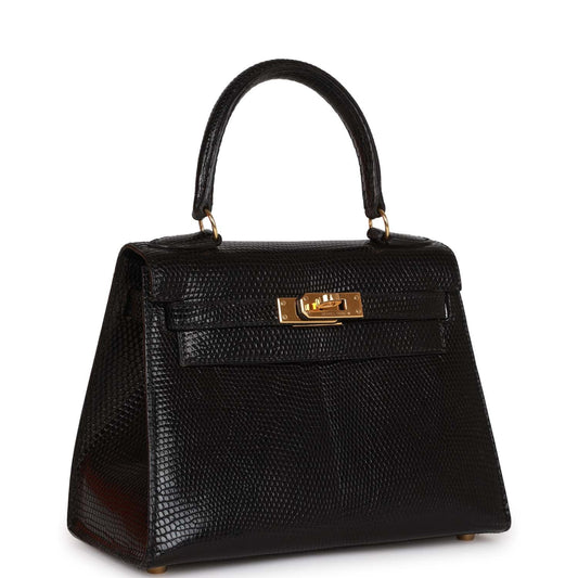 Vintage Luxury Hermes Kelly Sellier 20 Black Lizard Gold Hardware