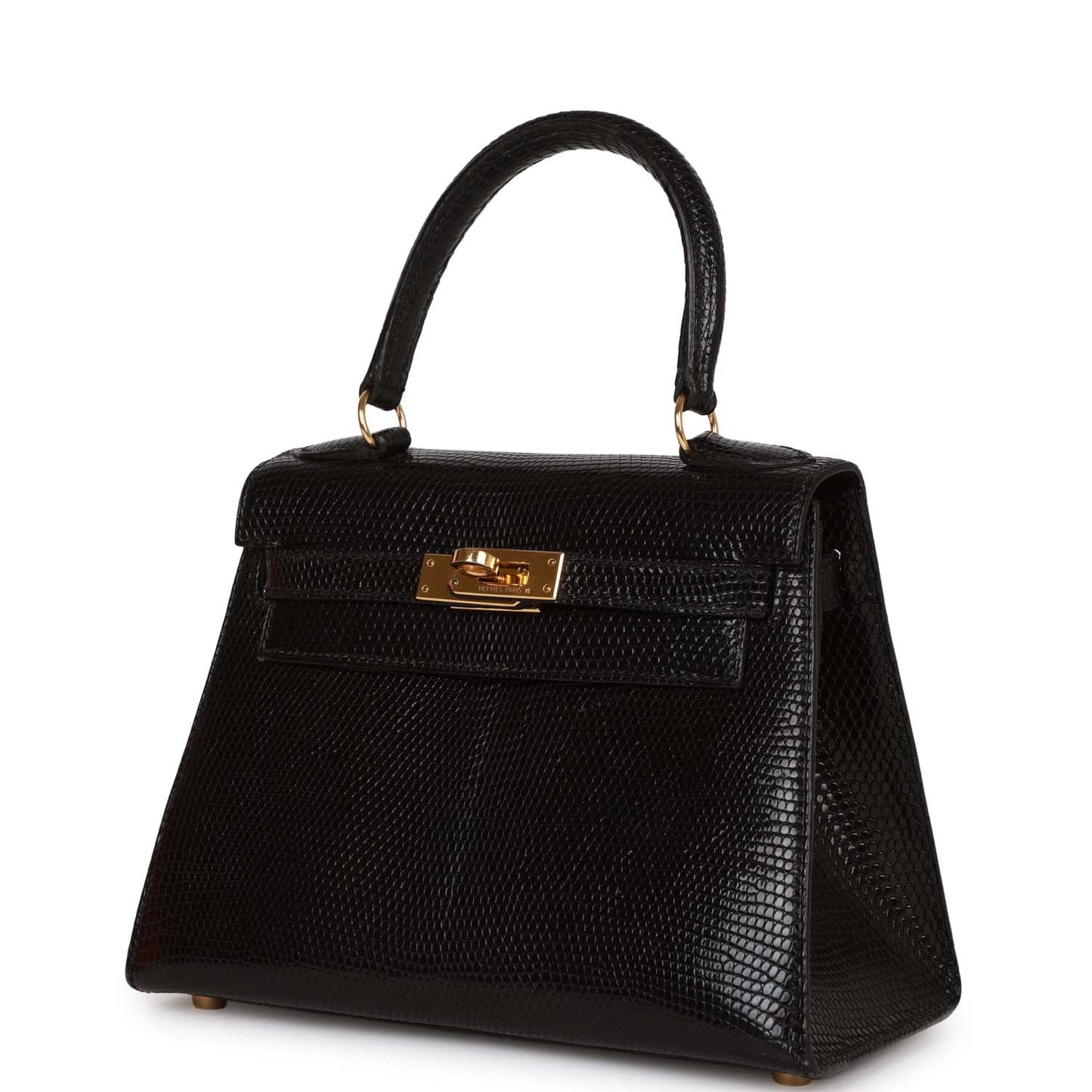 Vintage Luxury Hermes Kelly Sellier 20 Black Lizard Gold Hardware