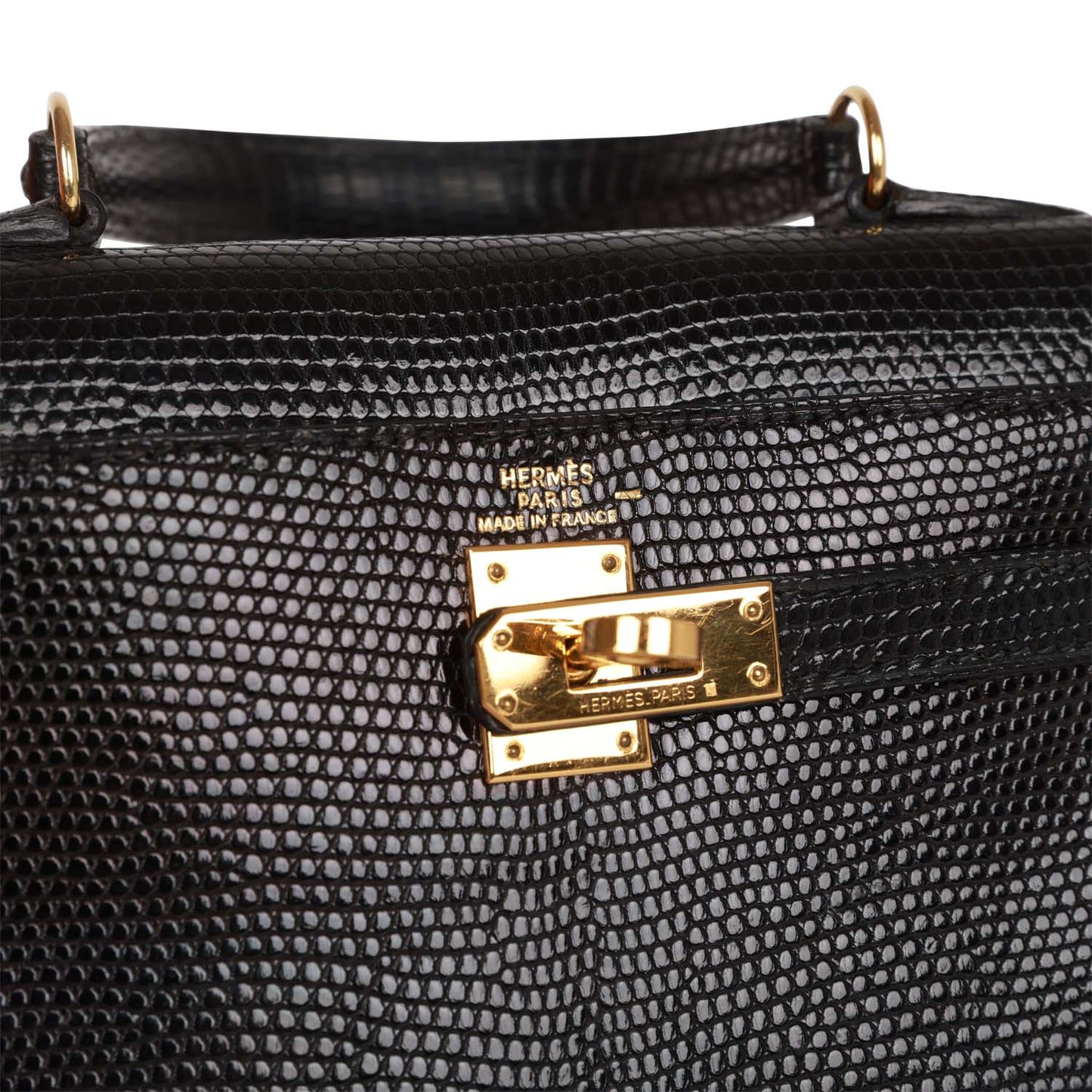 Vintage Luxury Hermes Kelly Sellier 20 Black Lizard Gold Hardware