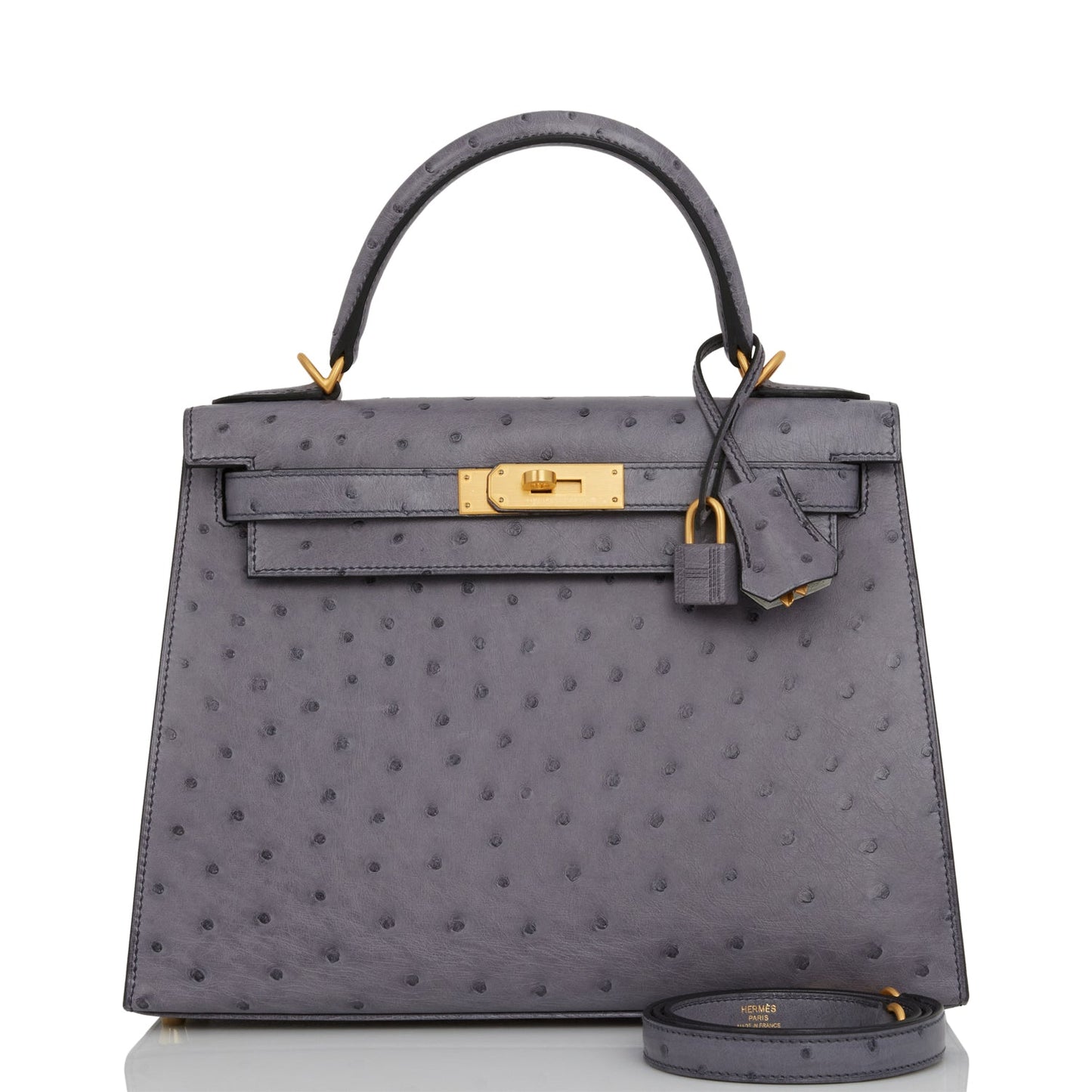 Luxury Hermes Special Order (HSS) Kelly Sellier 28 Gris Agate and Gris Perle Ostrich Brushed Gold Hardware