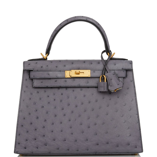Luxury Hermes Special Order (HSS) Kelly Sellier 28 Gris Agate and Gris Perle Ostrich Brushed Gold Hardware