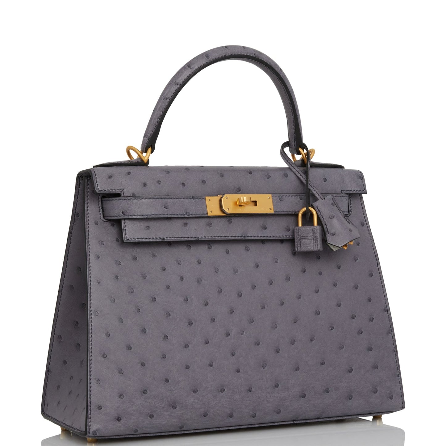 Luxury Hermes Special Order (HSS) Kelly Sellier 28 Gris Agate and Gris Perle Ostrich Brushed Gold Hardware