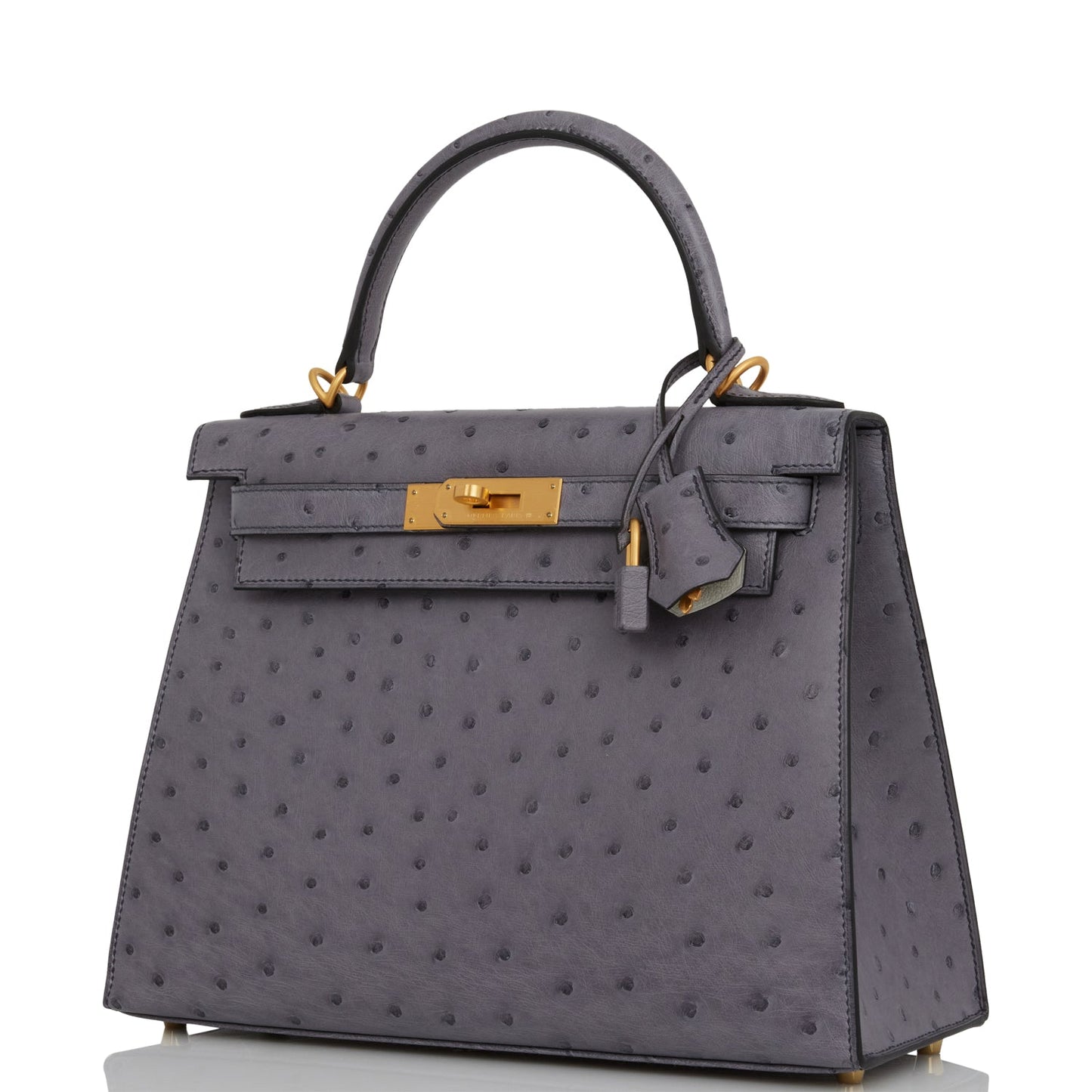 Luxury Hermes Special Order (HSS) Kelly Sellier 28 Gris Agate and Gris Perle Ostrich Brushed Gold Hardware