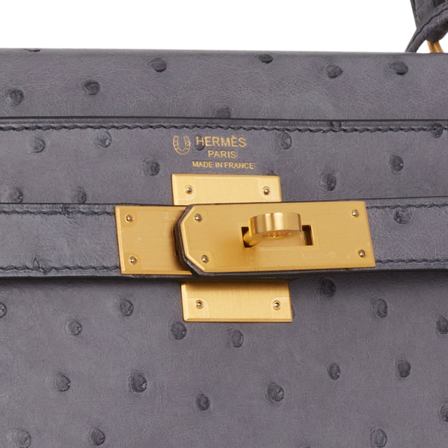 Luxury Hermes Special Order (HSS) Kelly Sellier 28 Gris Agate and Gris Perle Ostrich Brushed Gold Hardware