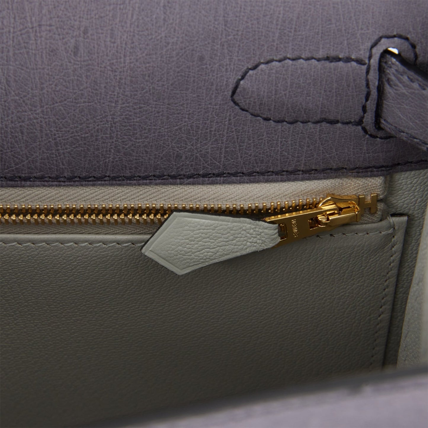 Luxury Hermes Special Order (HSS) Kelly Sellier 28 Gris Agate and Gris Perle Ostrich Brushed Gold Hardware
