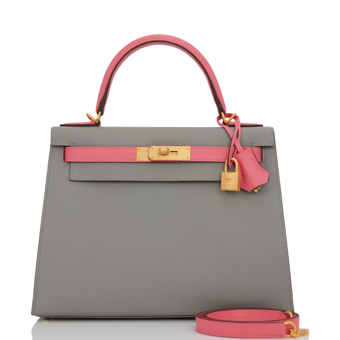 Luxury Hermes Special Order (HSS) Kelly Sellier 28 Gris Mouette and Rose Azalee Epsom Brushed Gold Hardware
