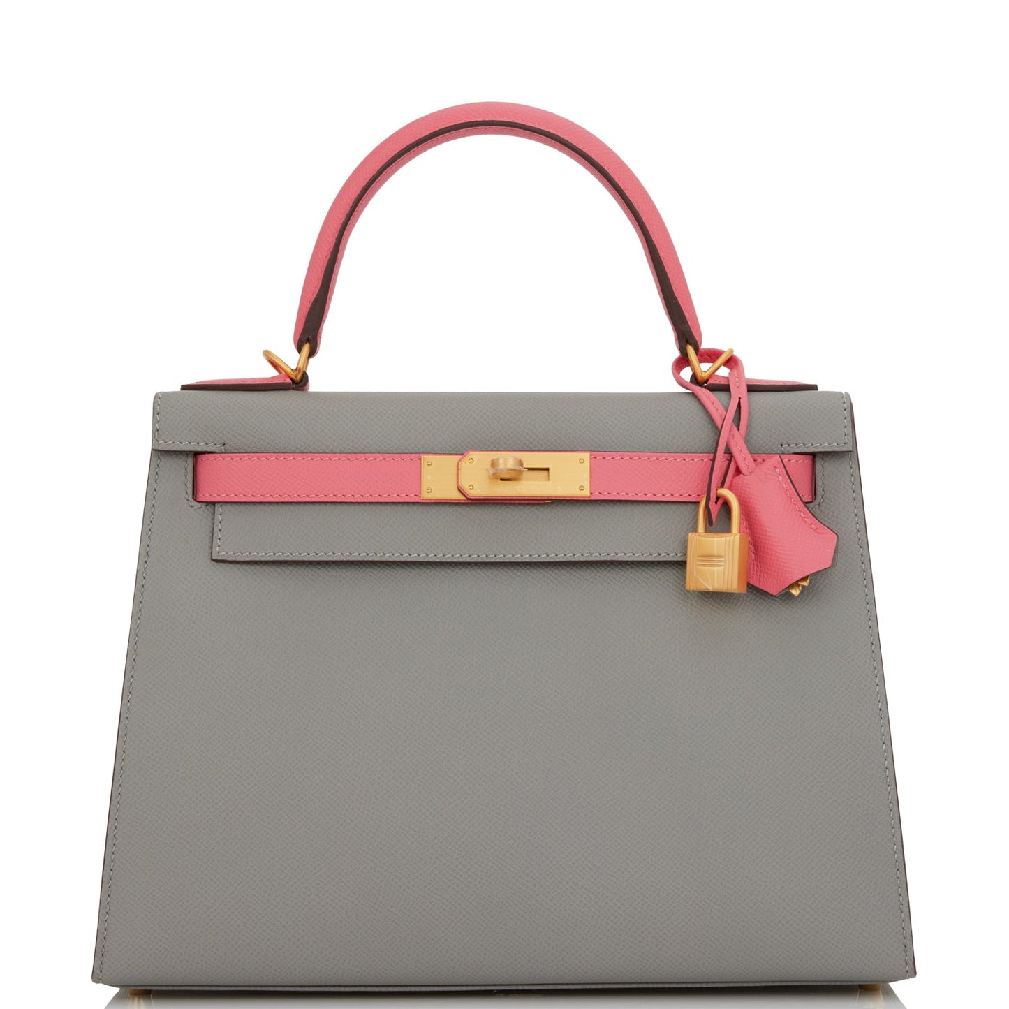 Luxury Hermes Special Order (HSS) Kelly Sellier 28 Gris Mouette and Rose Azalee Epsom Brushed Gold Hardware