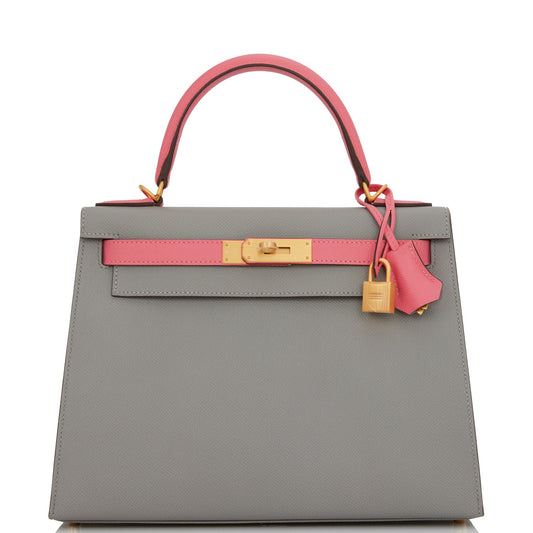 Luxury Hermes Special Order (HSS) Kelly Sellier 28 Gris Mouette and Rose Azalee Epsom Brushed Gold Hardware