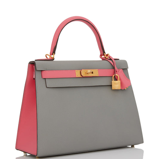 Luxury Hermes Special Order (HSS) Kelly Sellier 28 Gris Mouette and Rose Azalee Epsom Brushed Gold Hardware