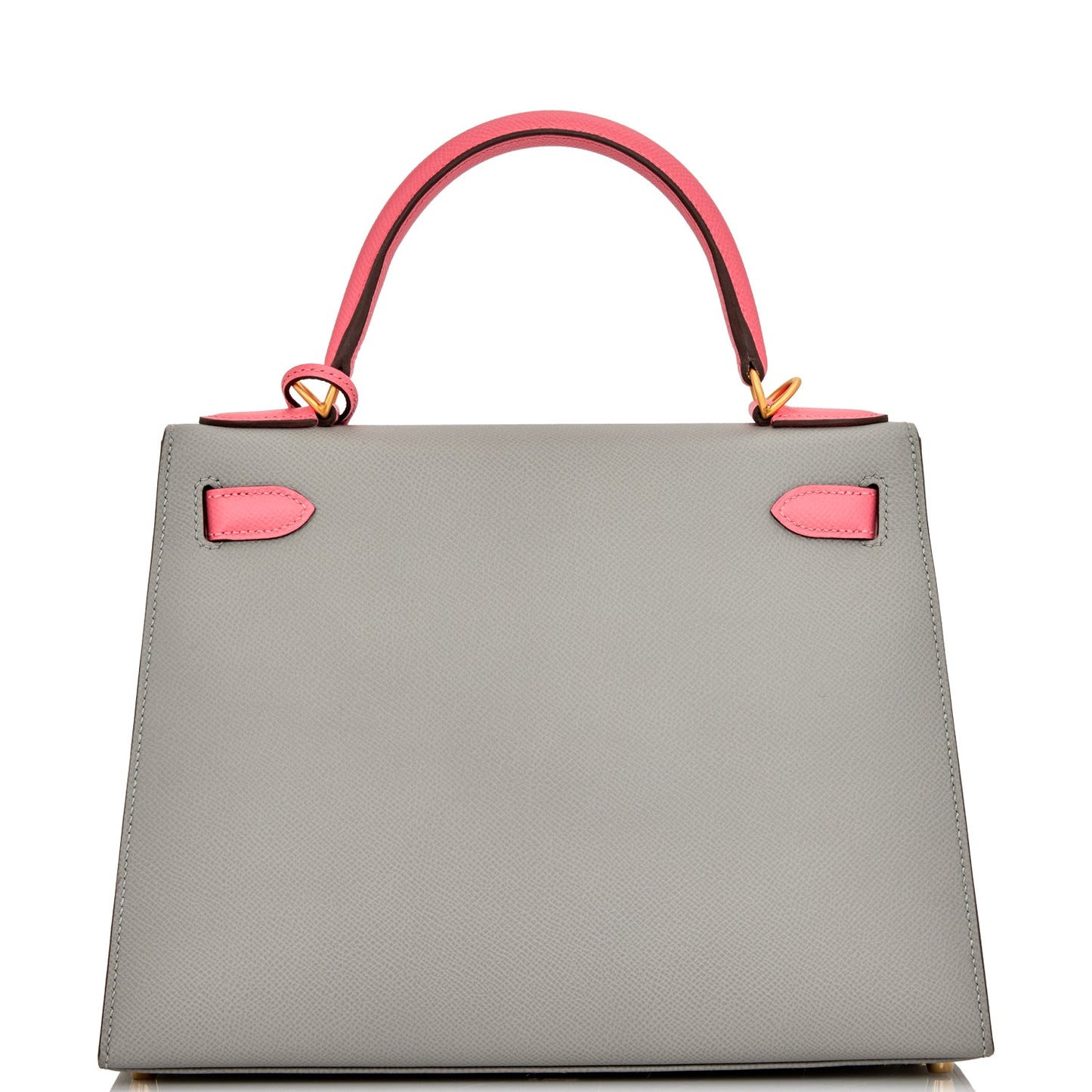 Luxury Hermes Special Order (HSS) Kelly Sellier 28 Gris Mouette and Rose Azalee Epsom Brushed Gold Hardware