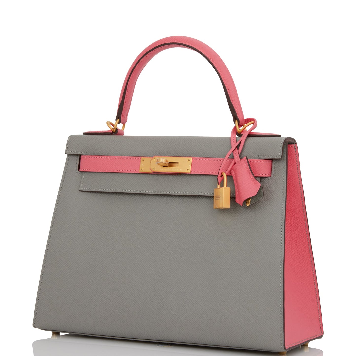 Luxury Hermes Special Order (HSS) Kelly Sellier 28 Gris Mouette and Rose Azalee Epsom Brushed Gold Hardware