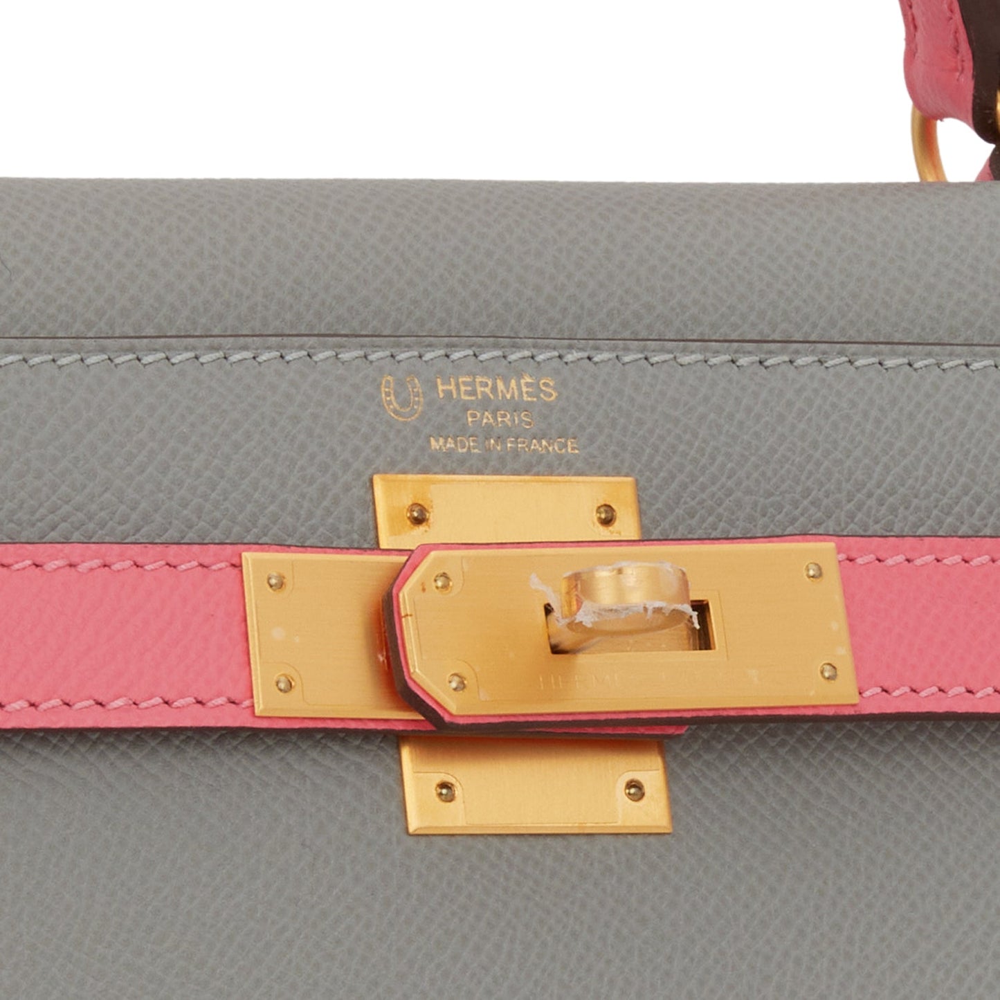 Luxury Hermes Special Order (HSS) Kelly Sellier 28 Gris Mouette and Rose Azalee Epsom Brushed Gold Hardware