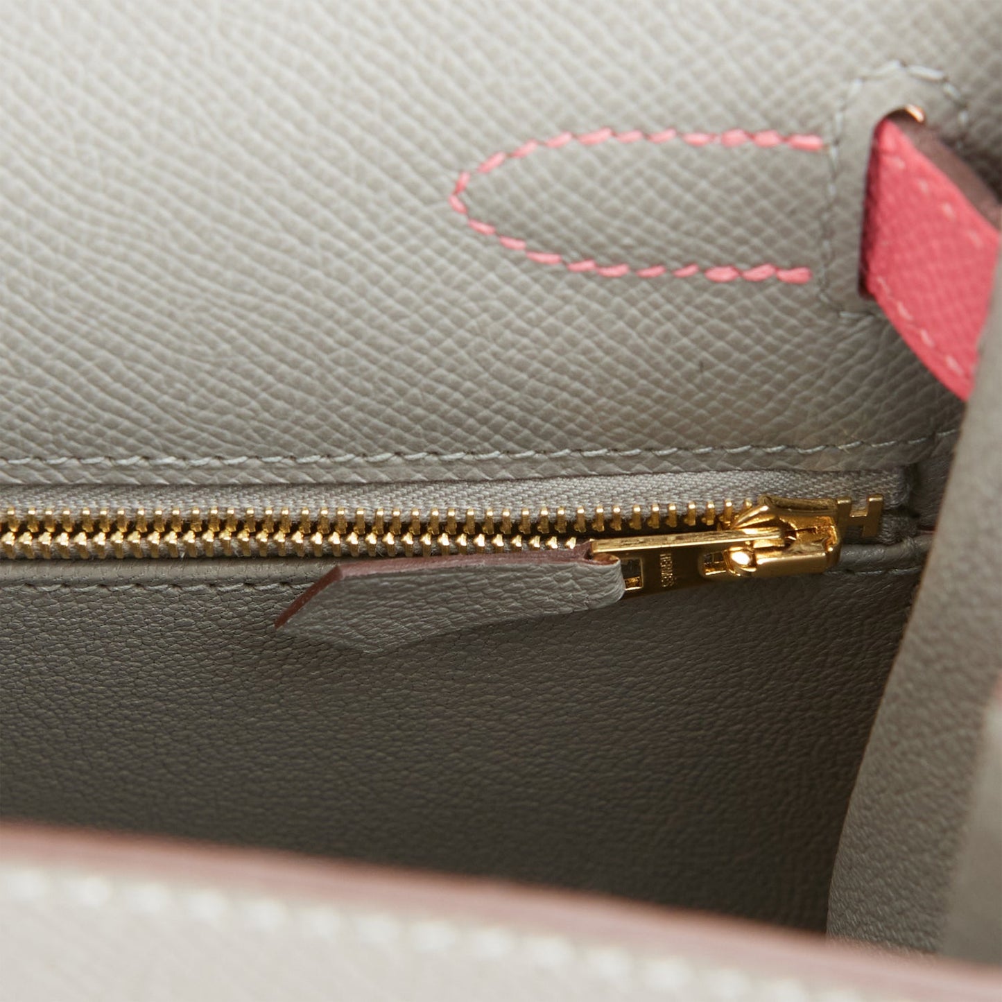 Luxury Hermes Special Order (HSS) Kelly Sellier 28 Gris Mouette and Rose Azalee Epsom Brushed Gold Hardware