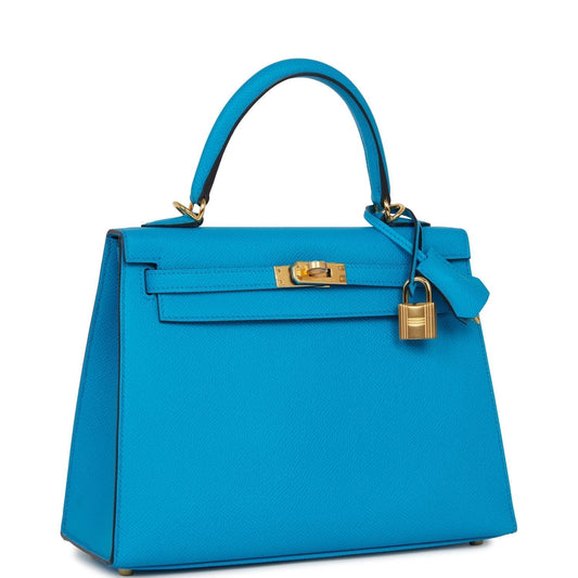 Luxury Hermes Kelly Sellier 25 Bleu Frida Epsom Gold Hardware