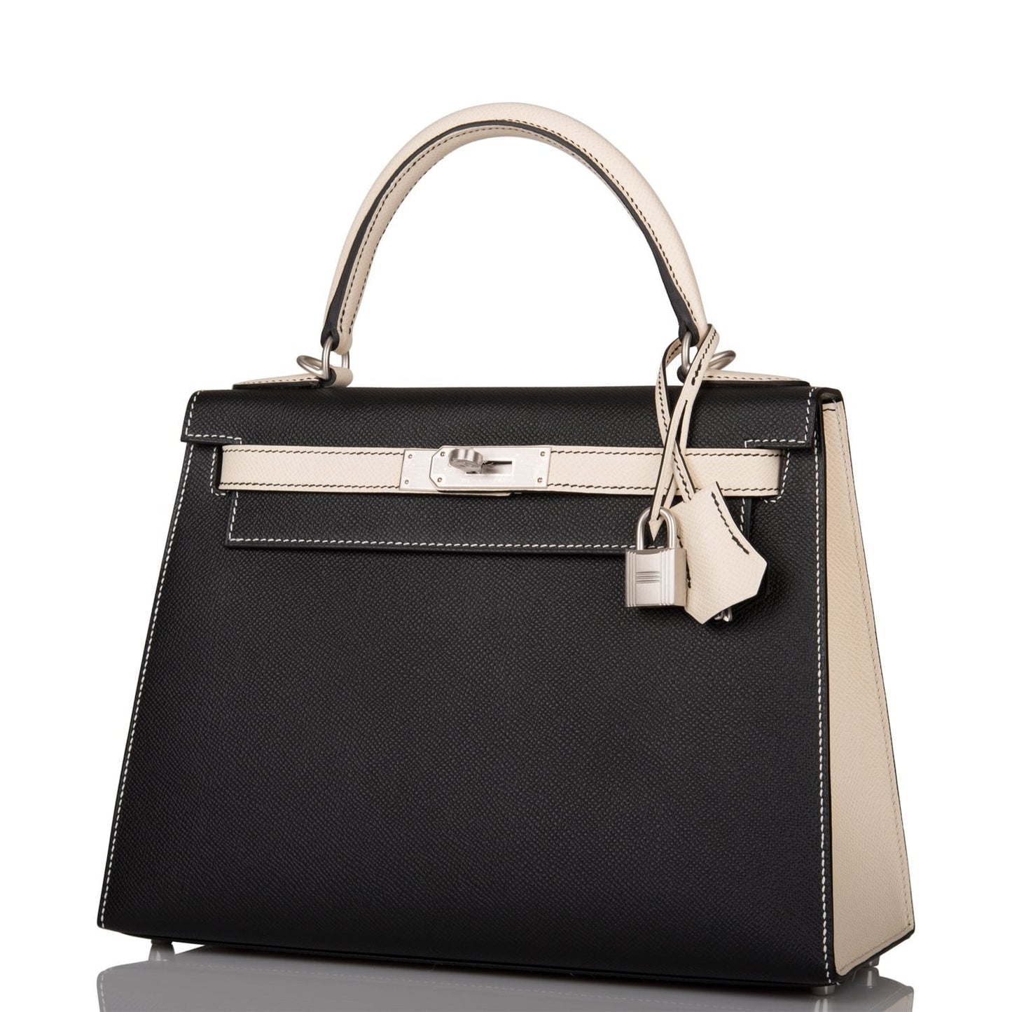 Luxury Hermes Special Order (HSS) Kelly Sellier 28 Black and Craie Epsom Brushed Palladium Hardware