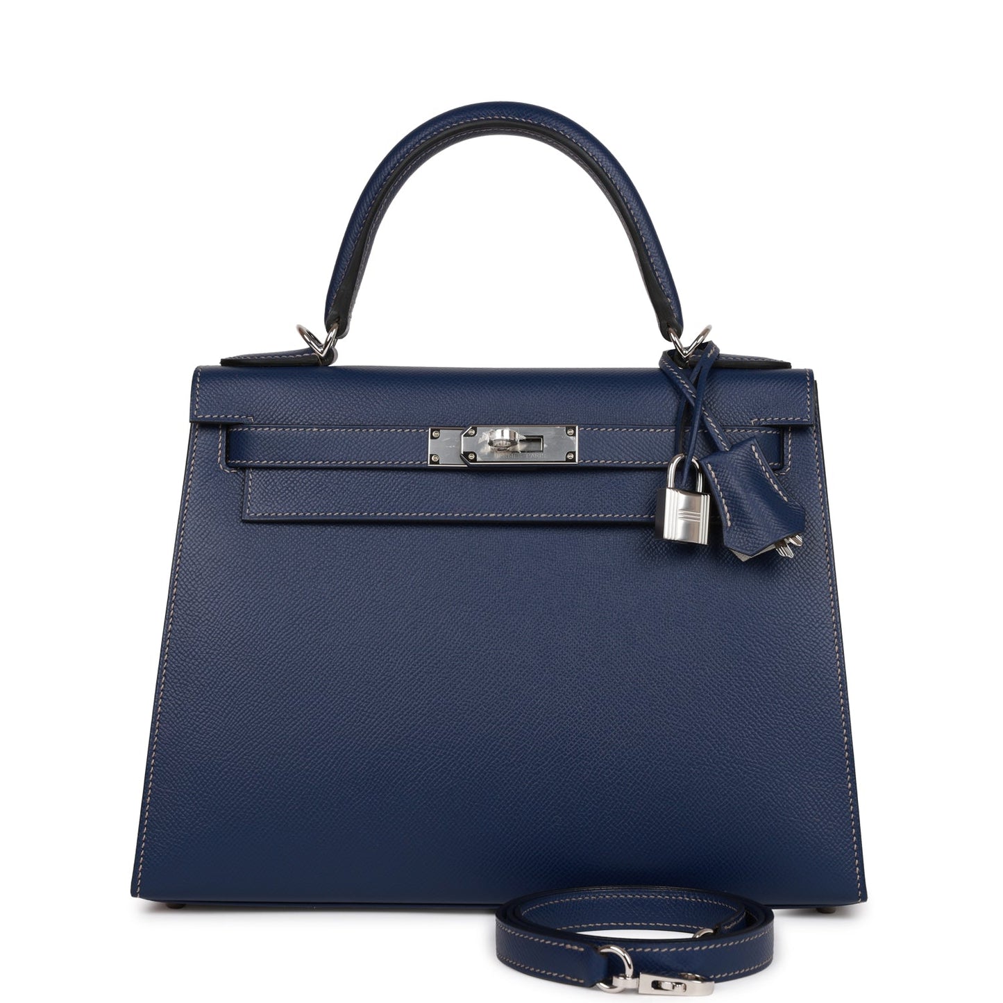 Luxury Hermes Special Order (HSS) Kelly Sellier 28 Bleu Indigo Epsom Palladium Hardware