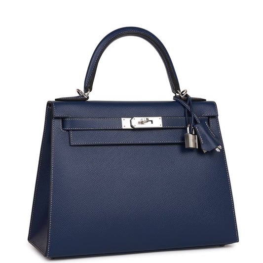Luxury Hermes Special Order (HSS) Kelly Sellier 28 Bleu Indigo Epsom Palladium Hardware
