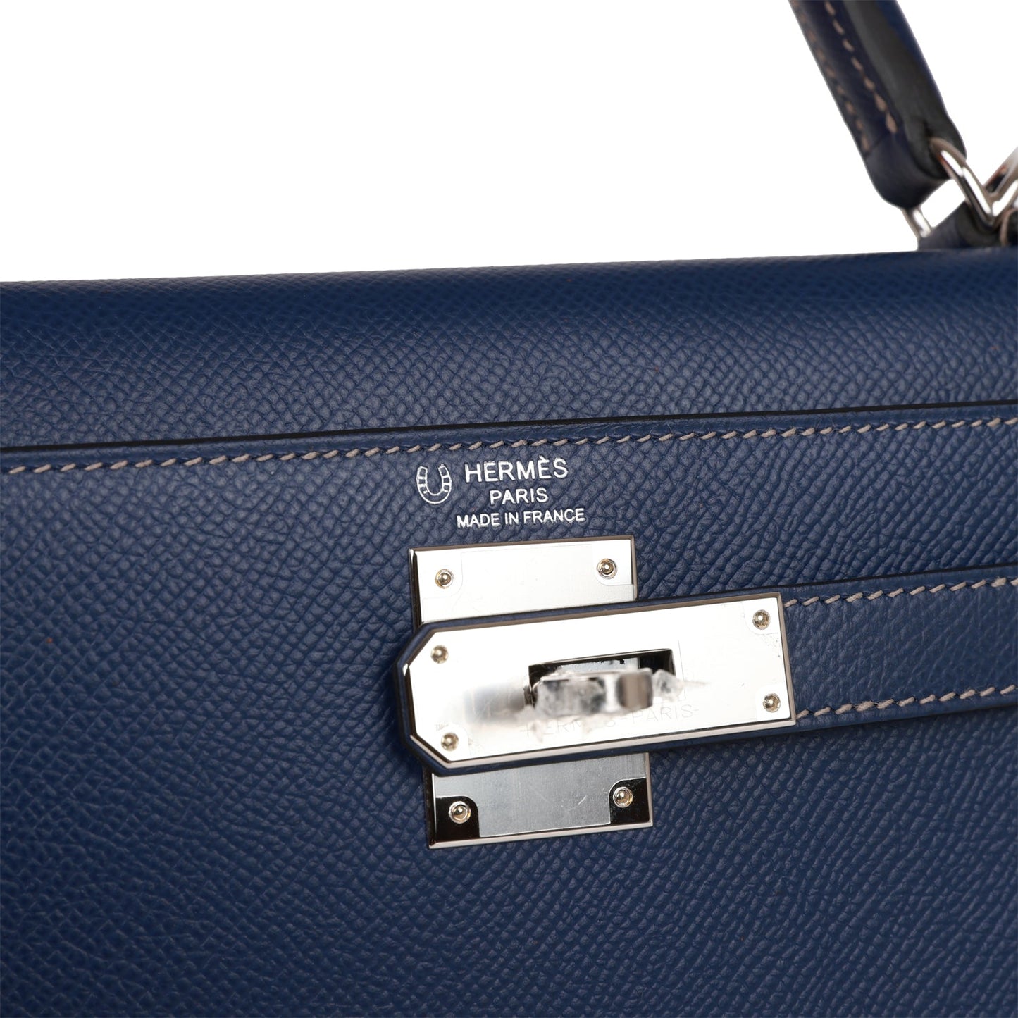 Luxury Hermes Special Order (HSS) Kelly Sellier 28 Bleu Indigo Epsom Palladium Hardware