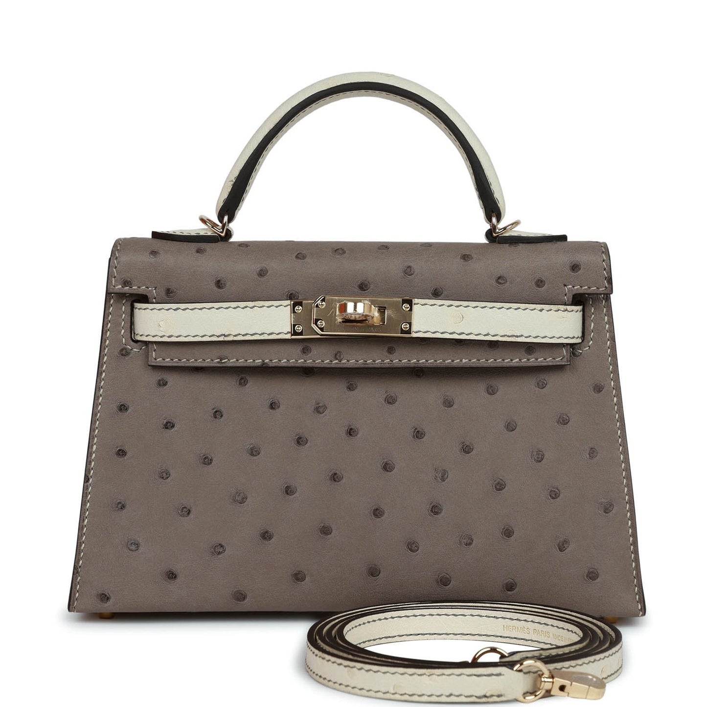 Luxury Hermes Special Order (HSS) Kelly Sellier 20 Gris Tourterelle and Beton Ostrich Permabrass Hardware