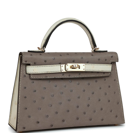 Luxury Hermes Special Order (HSS) Kelly Sellier 20 Gris Tourterelle and Beton Ostrich Permabrass Hardware