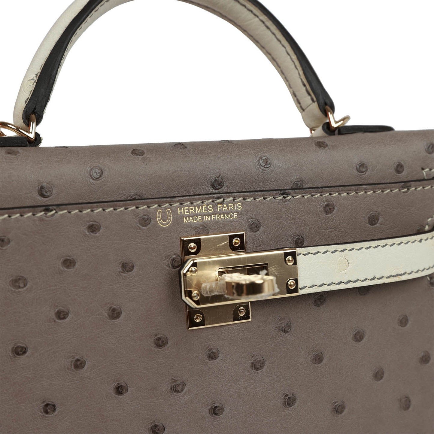 Luxury Hermes Special Order (HSS) Kelly Sellier 20 Gris Tourterelle and Beton Ostrich Permabrass Hardware