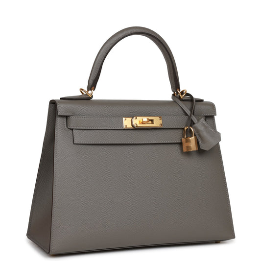 Luxury Hermes Kelly Sellier 28 Gris Meyer Epsom Gold Hardware