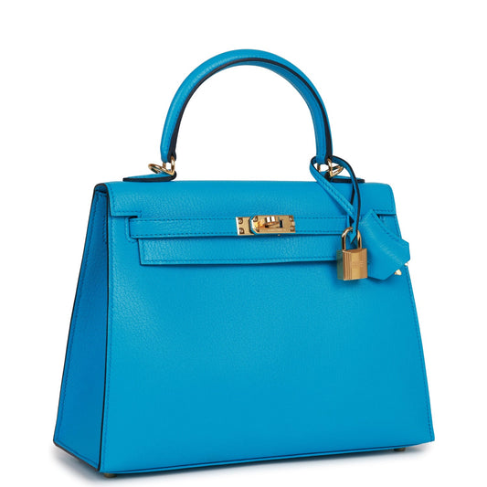 Luxury Hermes Kelly Sellier 25 Bleu Frida Chevre Gold Hardware