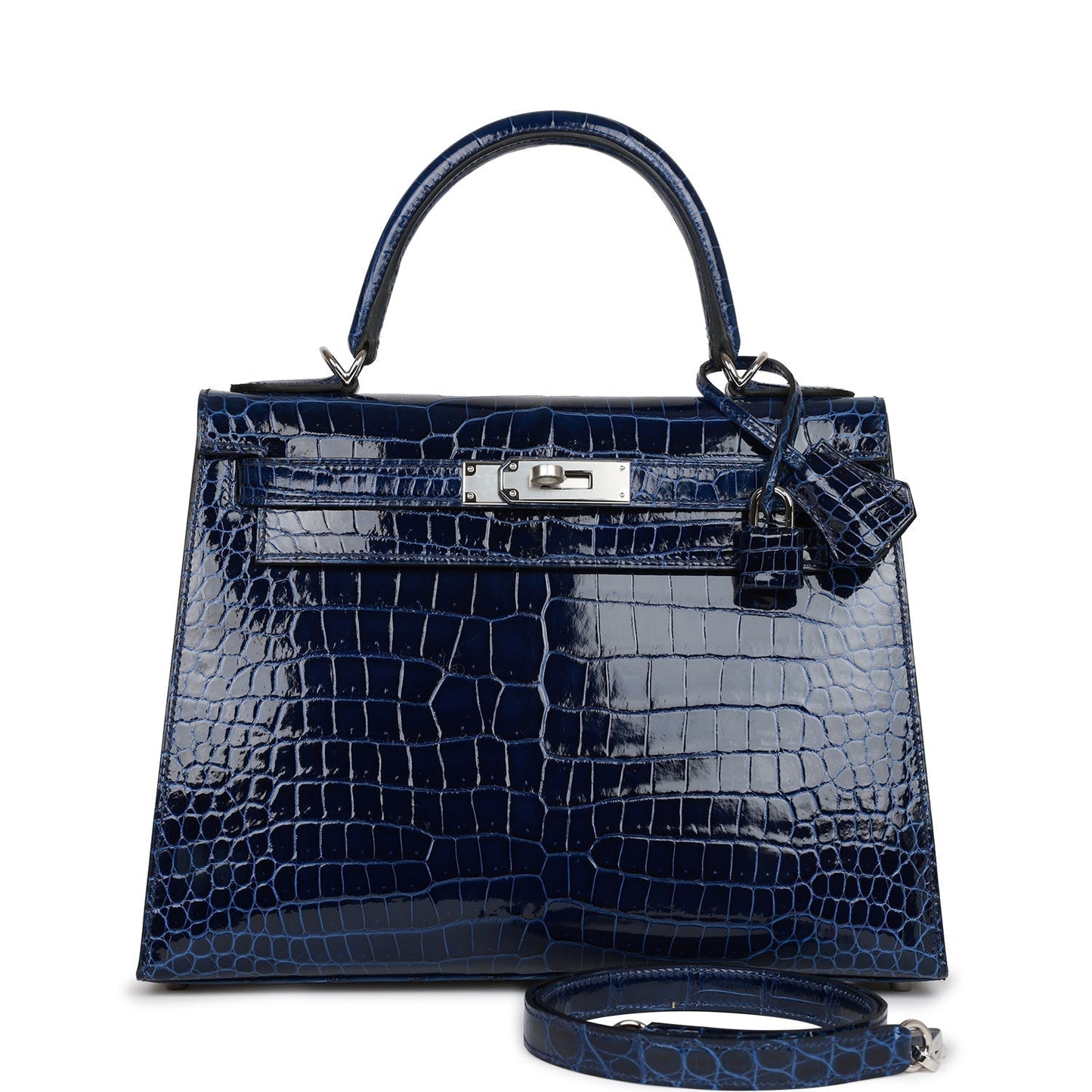 Luxury Hermes Kelly Sellier 28 Bleu Saphir Shiny Porosus Crocodile Palladium Hardware