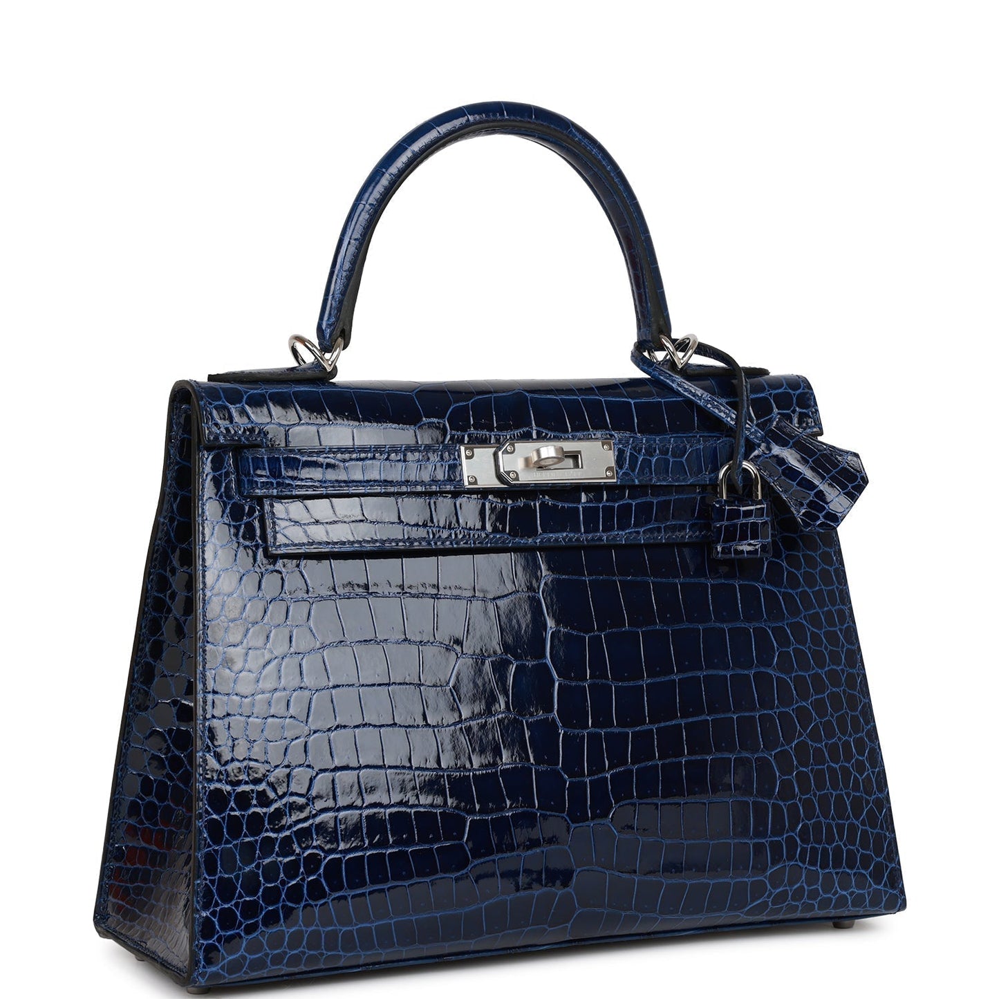 Luxury Hermes Kelly Sellier 28 Bleu Saphir Shiny Porosus Crocodile Palladium Hardware