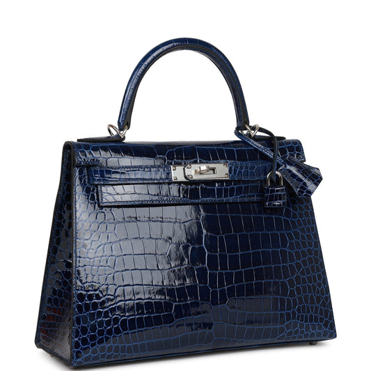 Luxury Hermes Kelly Sellier 28 Bleu Saphir Shiny Porosus Crocodile Palladium Hardware