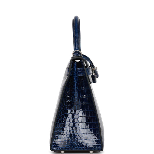 Luxury Hermes Kelly Sellier 28 Bleu Saphir Shiny Porosus Crocodile Palladium Hardware