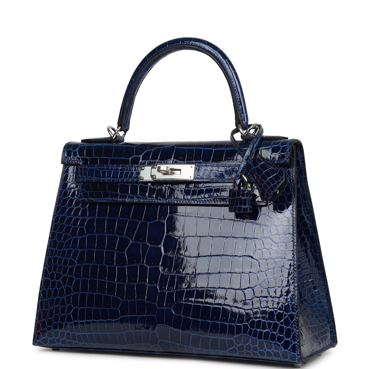 Luxury Hermes Kelly Sellier 28 Bleu Saphir Shiny Porosus Crocodile Palladium Hardware