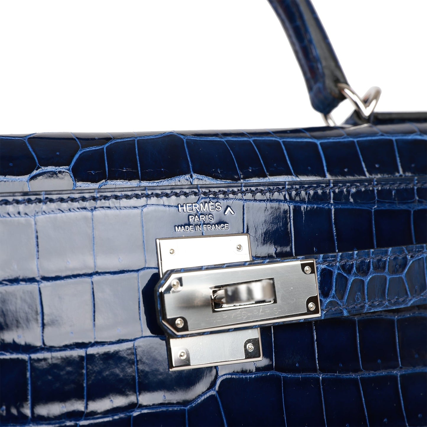 Luxury Hermes Kelly Sellier 28 Bleu Saphir Shiny Porosus Crocodile Palladium Hardware