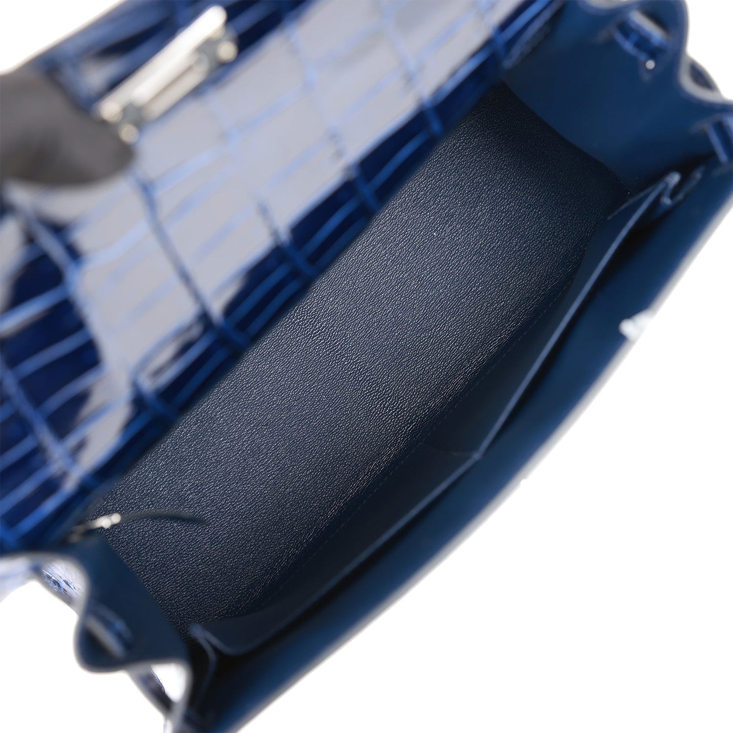 Luxury Hermes Kelly Sellier 28 Bleu Saphir Shiny Porosus Crocodile Palladium Hardware